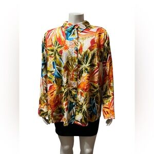 NWT Investments Pluz Sz 2X Tropical Print Stretch Linen Button-Down Shirt